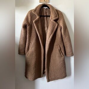 Woven Heart Lapel Neck Open Front Long-Line Teddy Coat